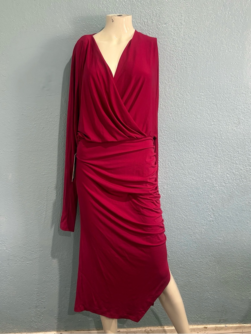 Guess One-Shoulder Draped Midi Dress in Berry Red